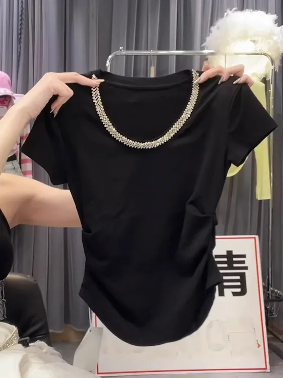 欧货圆领正肩短袖T恤女夏季2025新款洋气减龄修身显瘦不规则上衣