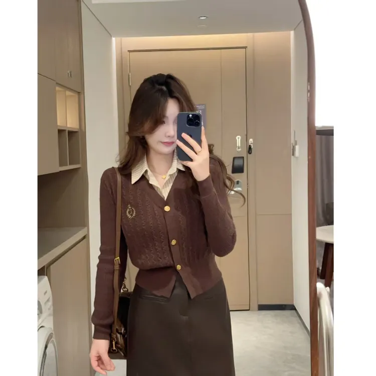 MuMu复古美式学院风polo假两件针织打底毛衣上衣显瘦套装WP10329