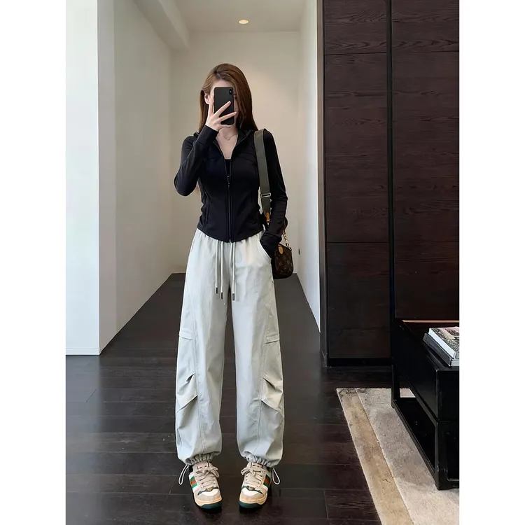 韩国美式复古抽绳设计感褶皱工装裤女2025秋时尚百搭休闲直筒长裤