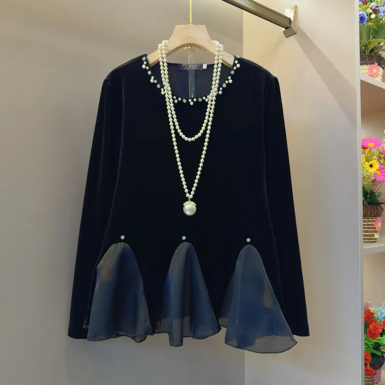 法式轻奢温柔风时髦纱网拼接欧货小衫衣长64左右