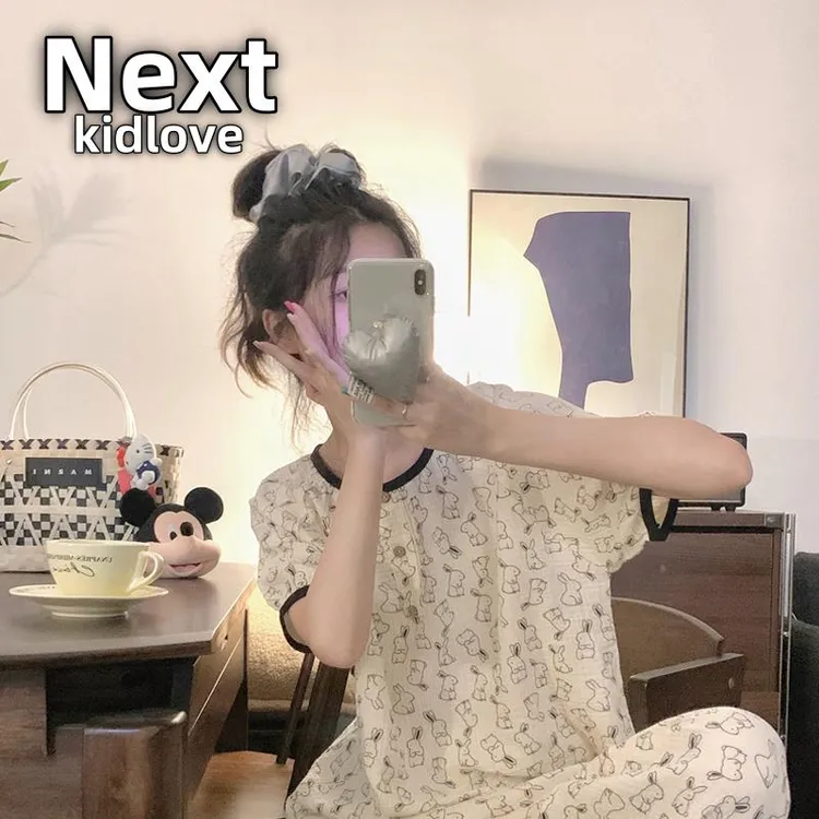 NEXT素描可爱兔子纱布睡衣女春夏季短袖长裤圆领卡通家居服两件套