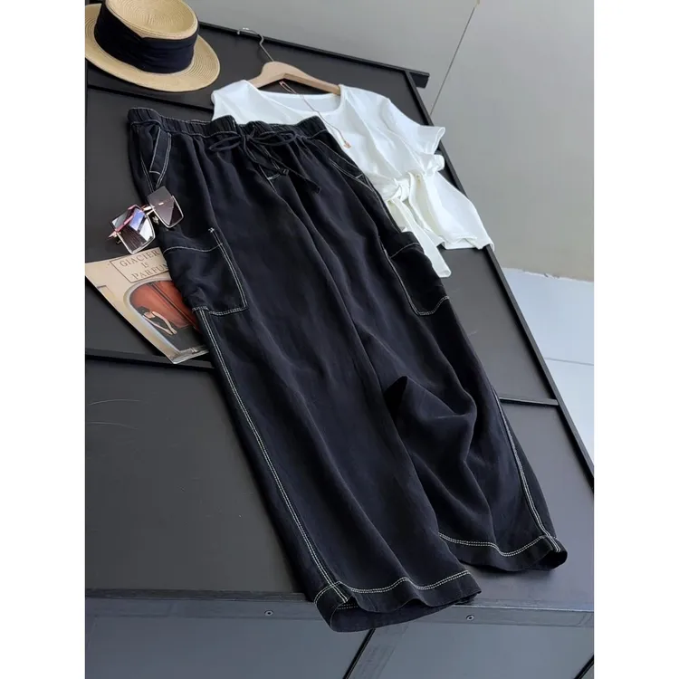 美国单 54美 夏季莱赛尔亚麻宽松直筒休闲裤工装长裤女