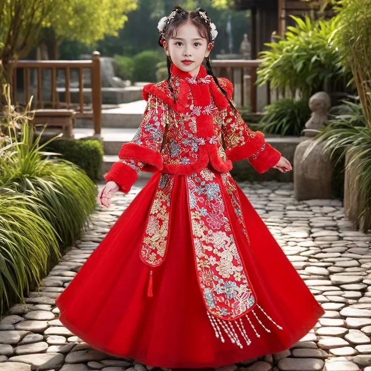 女童汉服冬季新款加绒中国风古装儿童拜年服女宝冬季喜庆汉服套装