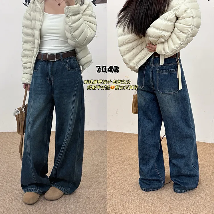 欧洲站欧货复古水洗加绒直筒牛仔裤女冬季宽松高腰阔腿裤子潮显瘦
