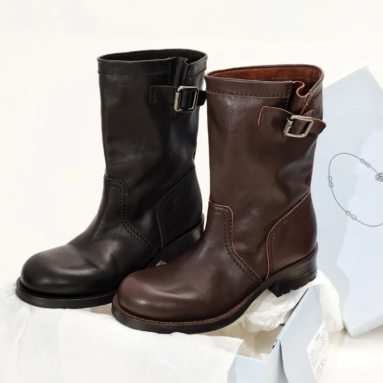 复古巴恩风马丁短靴女粗跟圆头植鞣牛皮中筒堆堆靴