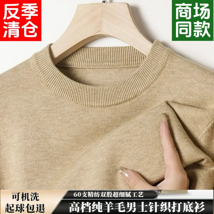 2025新款100%纯羊毛衫冬季加厚保暖圆领针织打底衫毛衣男款