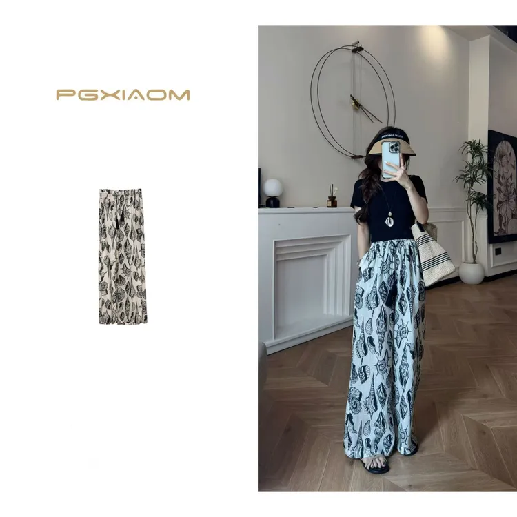 【PGXIAOM】润秀定制白色老钱风晕染印花阔腿裤KZ4144