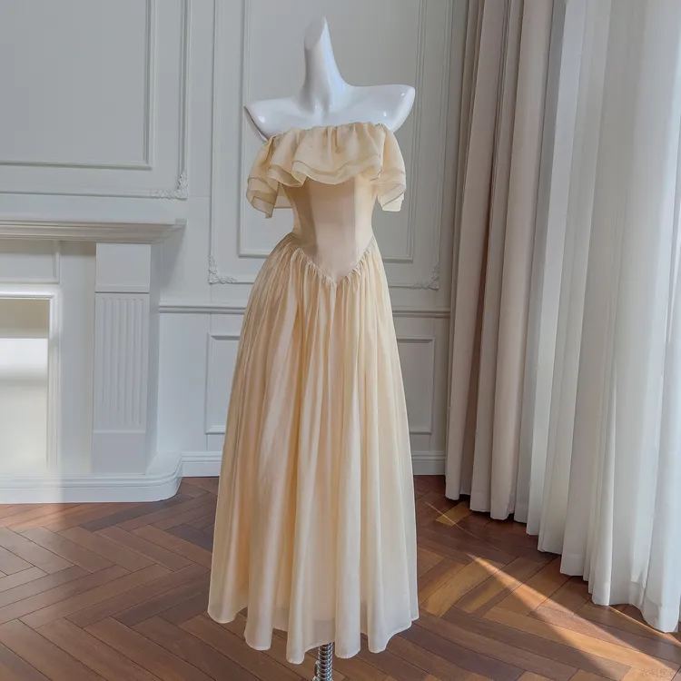 连衣裙吊带裙显瘦气质夏季仙女裙收腰长款优雅浅杏色通勤