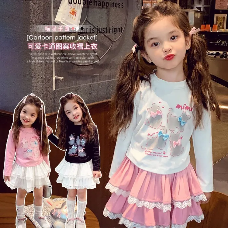 女童儿童衣服立体蝴蝶结春天T恤洋气百搭长袖宝宝韩版卡通春季