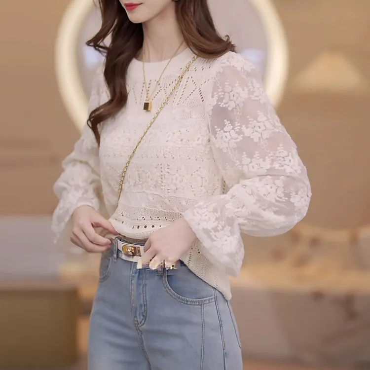 洋气高级感女装2025秋季蕾丝拼接重工圆领长袖气质上衣休闲小衫