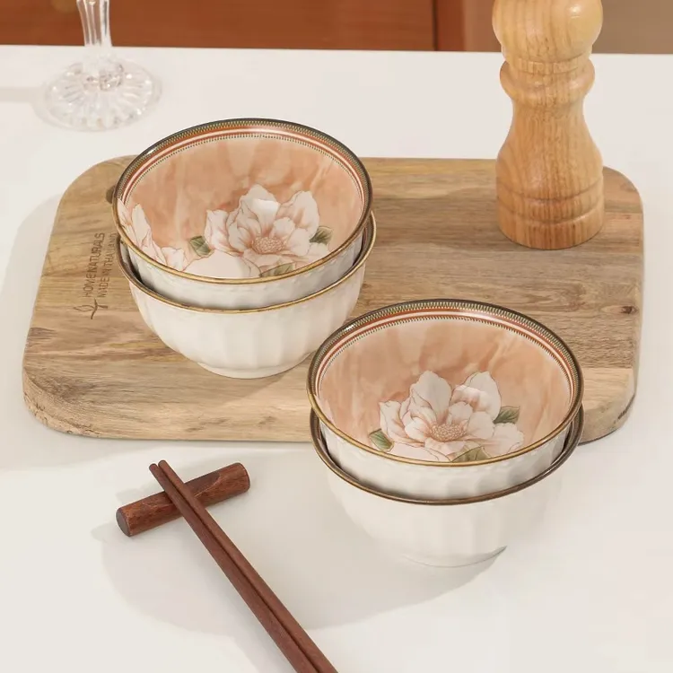mm【山茶花4.5寸米饭碗】家用创意优美典雅釉下彩陶瓷米饭碗6个装