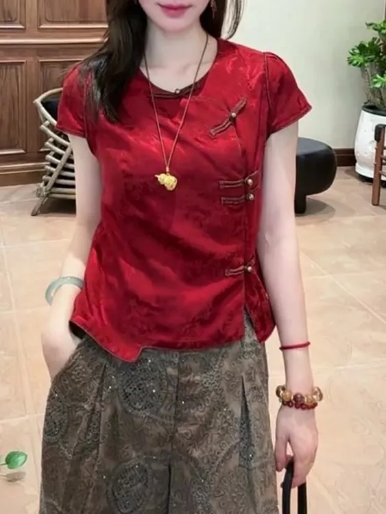 红色圆领短袖衬衫2025夏季新款女装斜襟门盘扣设计新中式国风上衣