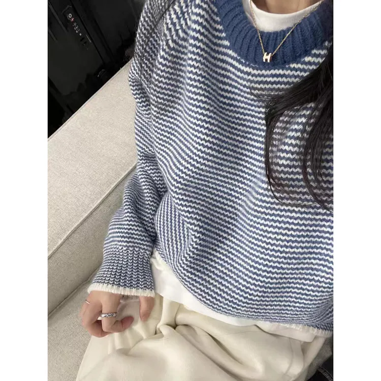 蓝色波浪条纹针织衫秋冬新款慵懒风圆领撞色复古毛衣女上衣百搭时