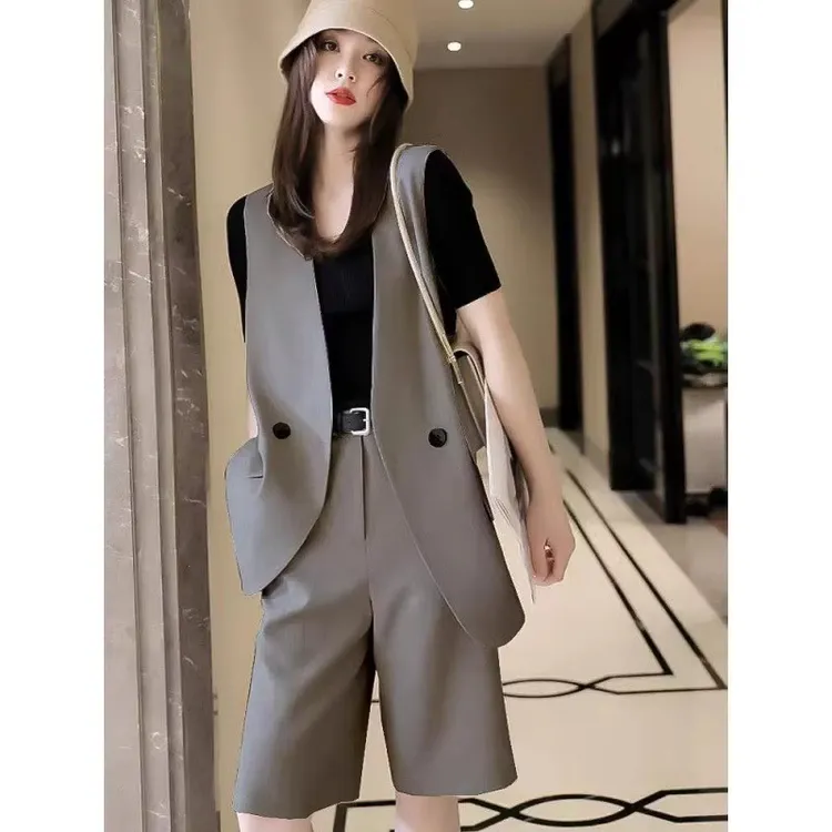 203两件套纯色马甲套装新款遮肉时尚短裤减龄夏季西装套装女通勤