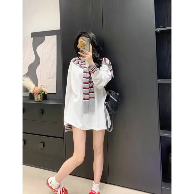 韩版简约开春穿搭套装女2025新款宽松休闲长袖T恤条纹披肩两件套