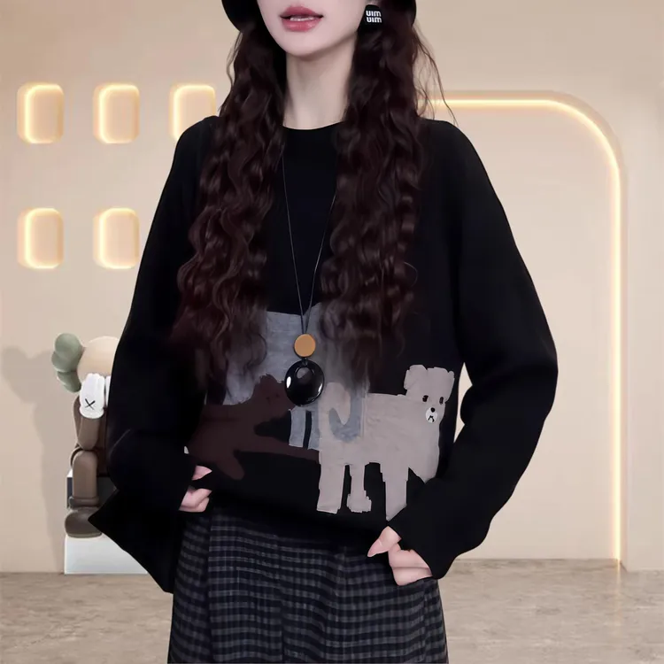 2025秋季新款慵懒风内搭上衣韩版时尚印花圆领黑色长袖针织毛衣女