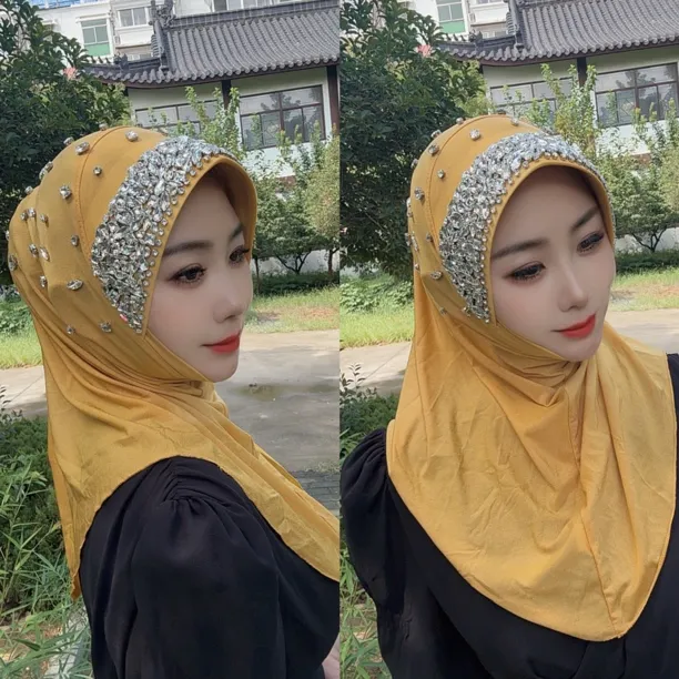 新款星淘纱硬帽沿方便套头款纱巾盖头（精美锆石硬帽沿）