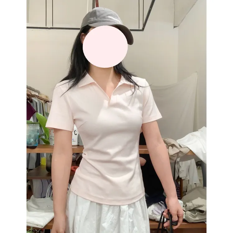 粉色正肩短袖t恤女夏2025新款修身polo领小衫纯欲chic高级感上衣