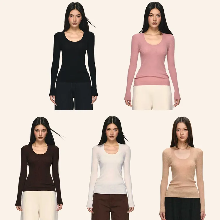 anna aneae多色U领坑条针织打底衫女秋冬季基础百搭修身长袖上衣