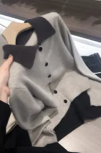 /米灰翻领开衫/复古拼色翻领显瘦百搭针织开衫外套 6601