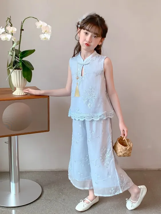 女童夏季甜美风新中式套装2025新款夏装儿童国风阔腿裤汉服两件套