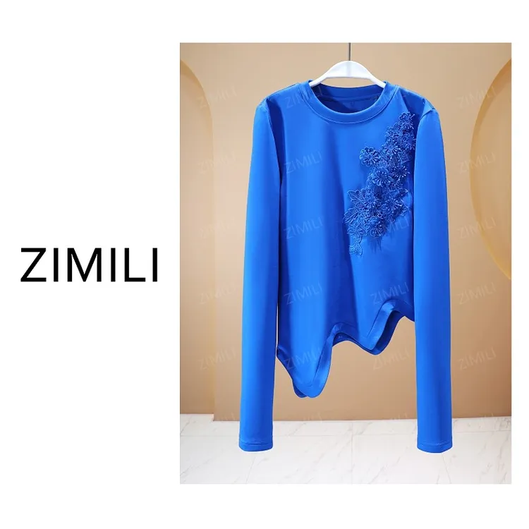 【亮哥欧货女装】冬季热感螺纹《繁花》蓝色高弹显瘦打底上衣26057-A9