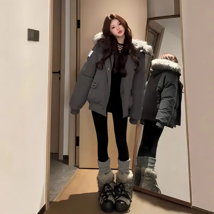冬季工装派克服羽绒棉服女灰色大毛领2025年新款加厚棉袄棉衣外套