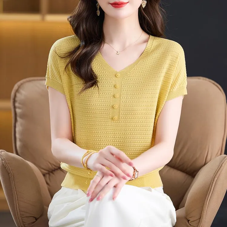 冰丝针织t恤女2025夏季新款宽松慵懒风妈妈装洋气时尚配裙子上衣