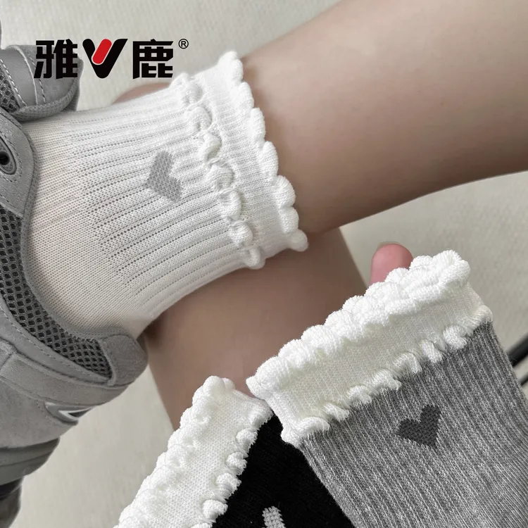 【100%棉】四季纯棉中筒可爱泡泡口爱心抗起球无骨袜棉袜