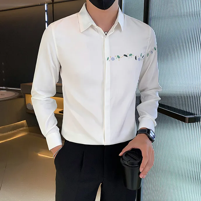 潮牌韩版痞帅刺绣长袖衬衫男秋季高级感时尚百搭修身衬衣绣花上衣