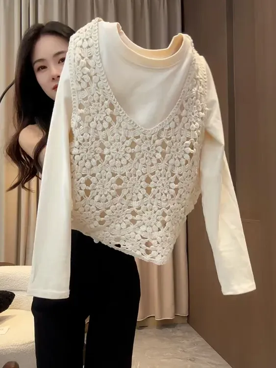 韩系温柔百搭气质高级感米白色马甲白色上衣女2025早秋别致两件套