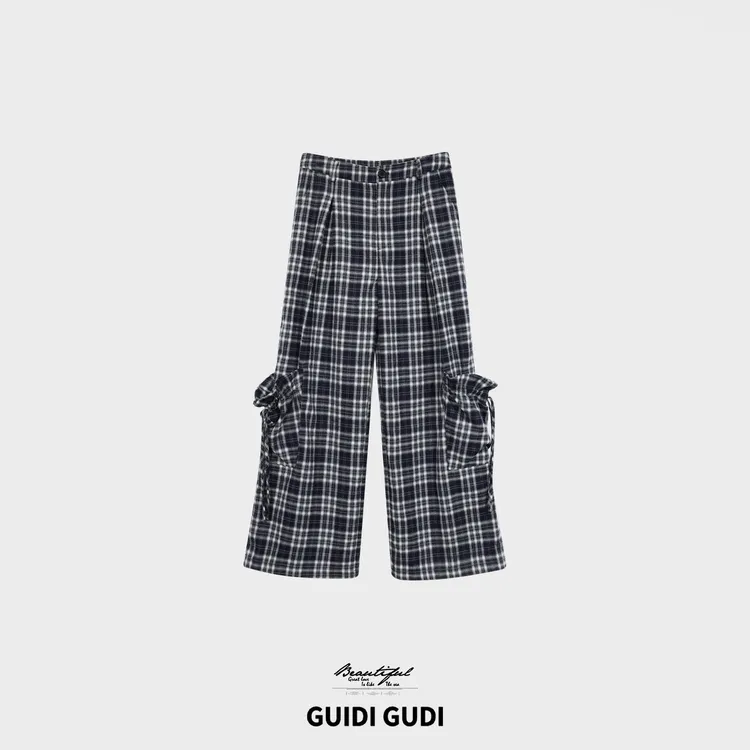 GUIDI GUDI【东方旭日】休闲人棉格子休闲裤/黄加蓝 K9530819H