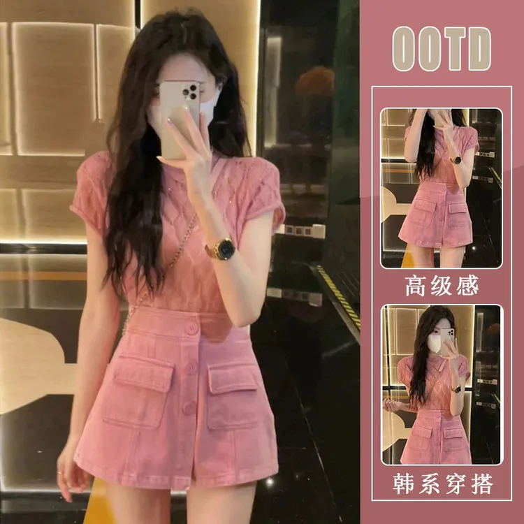 法式气质小香镂空短袖针织衫套装女夏季高腰显瘦牛仔裙裤两件套装