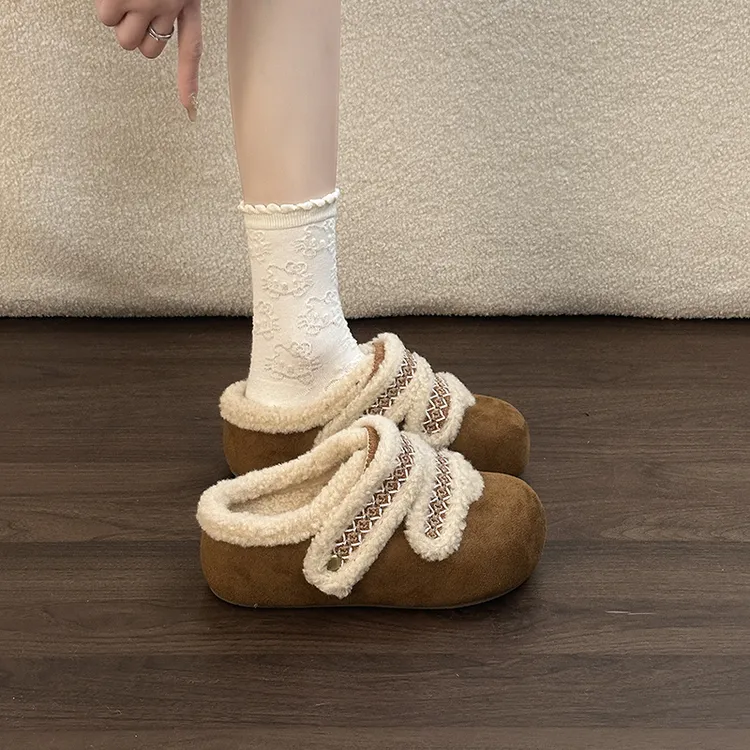 OJRZ精致花边内增高厚底毛毛勃肯鞋2026新款冬季一脚蹬防滑包头拖