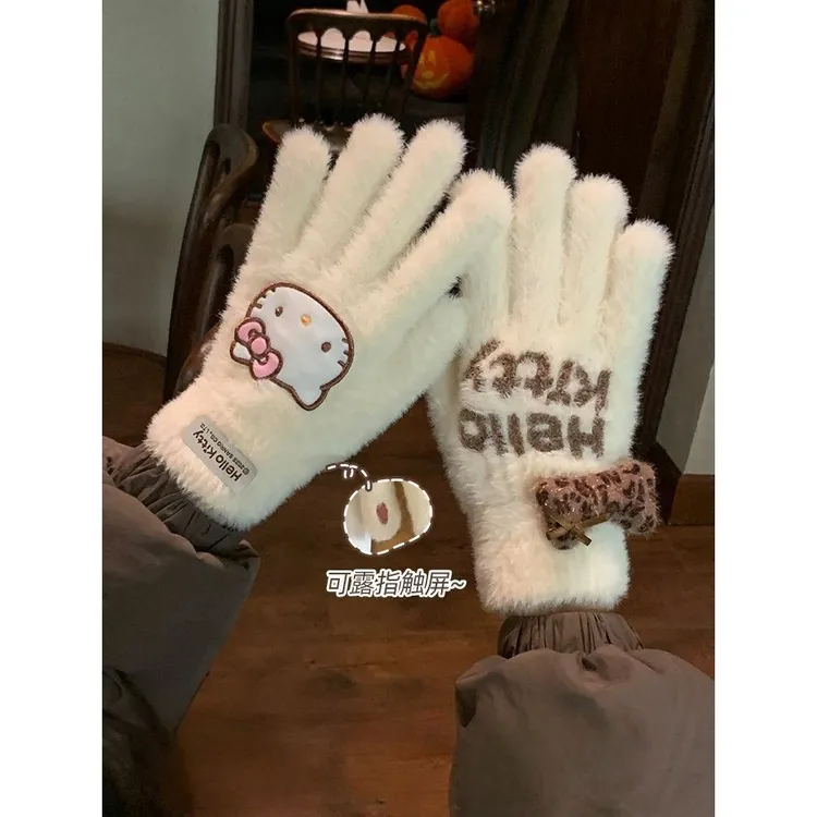 哈喽Kt手套女秋冬季骑行保暖防寒针织毛线可触屏冬天毛绒五指zz