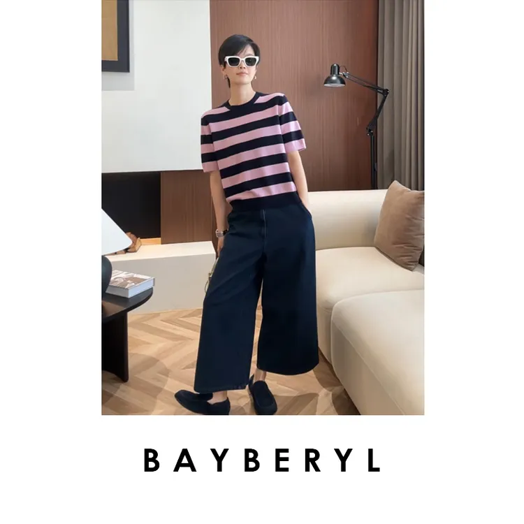 CC09-BAYBERYL老贝甜点*羊绒圆领复古秋拼色短袖针织衫ZZS5H2302