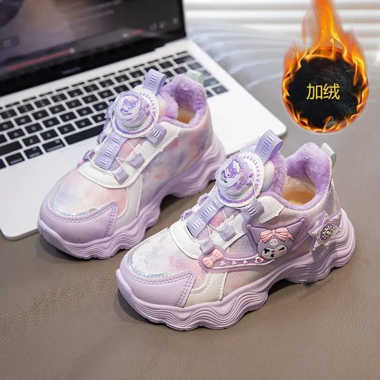 库洛米女童鞋子加绒保暖运动鞋冬季大棉旋转纽扣小女孩跑步老爹鞋