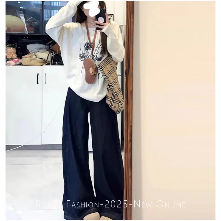 美式原牛ins风阔腿牛仔裤女百搭极简风老钱风蓝灰色加绒加厚牛仔