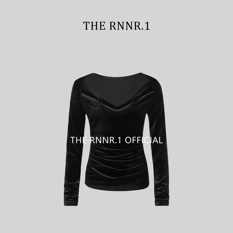 THE RNNR.1真丝丝绒 黑色 法式荡领 腰部抽褶 复古长袖上衣