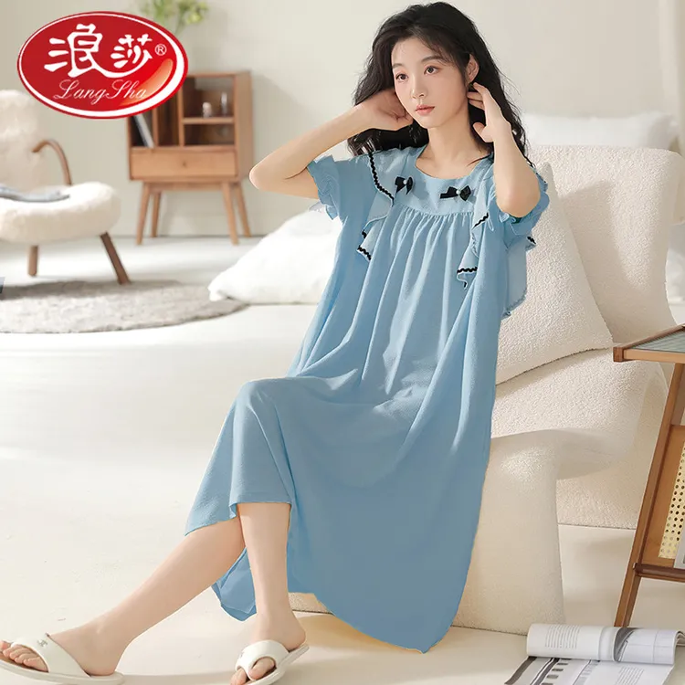 浪莎泡芙棉睡裙女夏季短袖公主风中长款宽松休闲夏天薄款家居服连