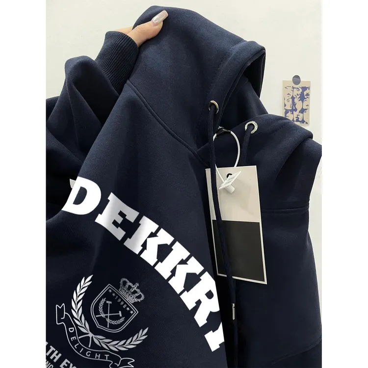 美式个性潮牌字母印花藏青色连帽卫衣男女秋冬季休闲宽松情侣上衣