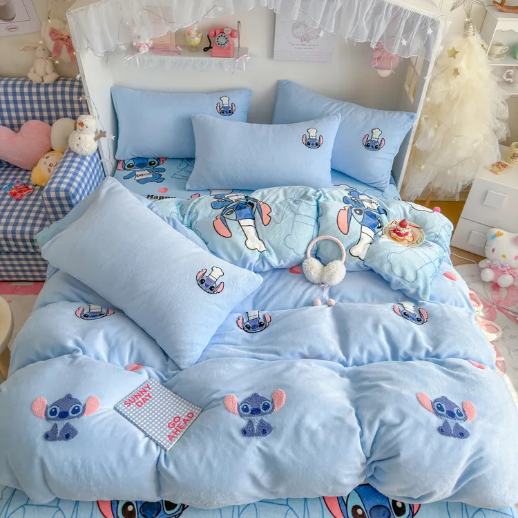 迪士尼A类牛奶绒四件套冬季加绒加厚儿童床上品珊瑚绒三件套床笠