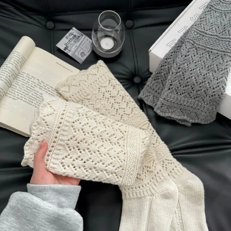 秋冬镂空羊毛堆堆小腿袜重工保暖针织叠穿中筒袜甜美百搭白色袜子