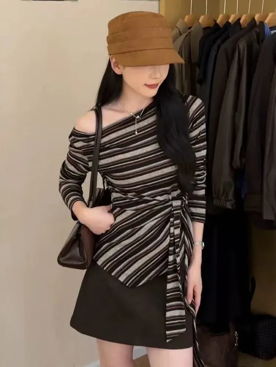 韩版时尚复古不规则绑带撞色条纹t恤女2025秋季新款爆款收腰上衣