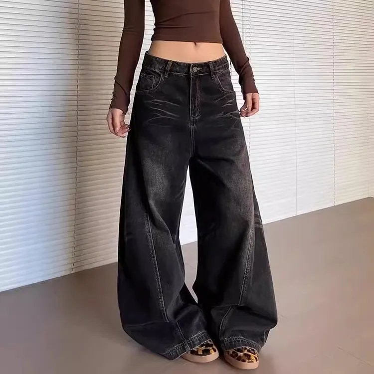 美式复古猫须水洗cleanfit弯刀牛仔裤男女街头百搭宽松堆积感裤子