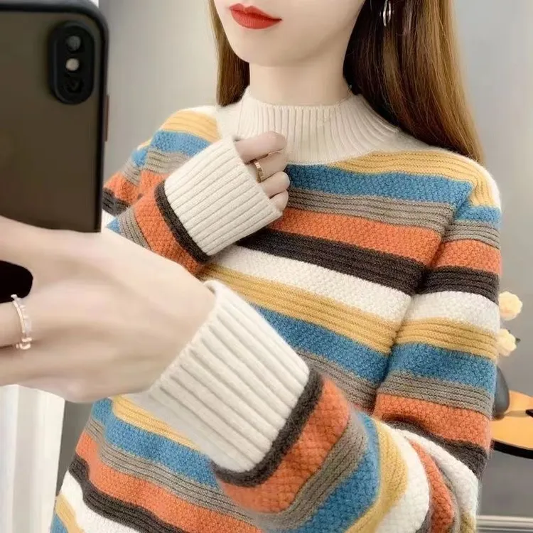 半高领条纹毛衣女2025秋冬季新款韩版宽松针织打底衫外穿加厚上衣