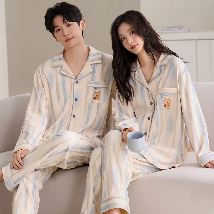 【情侣款】加厚双面纯棉卡通小熊开衫长袖长裤睡衣家居服套装可外穿