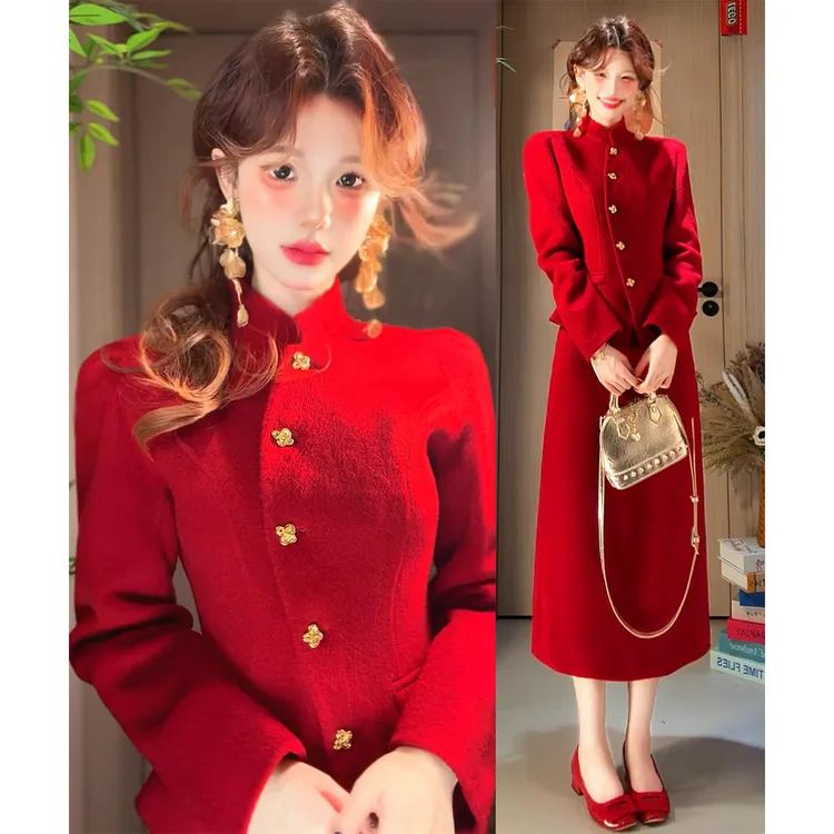 新年战袍红色套装连衣裙2025新款秋冬装法式跨年外套半身裙两件套