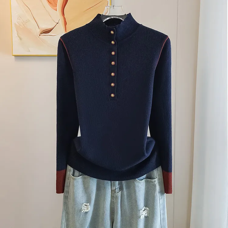 【80-180斤】半高领纽扣打底衫毛衣女秋冬季修身显瘦洋气拼色上衣潮