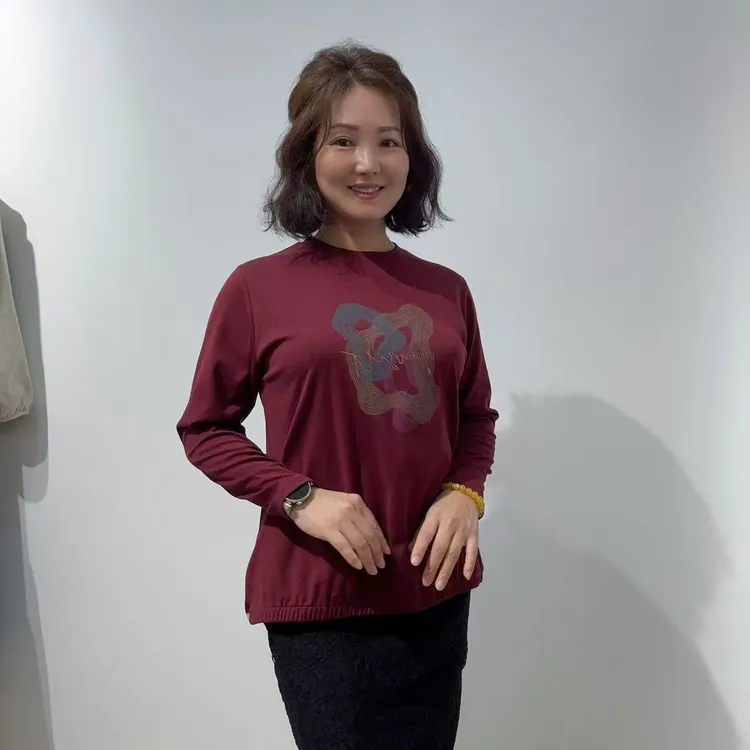 彦竹韩国正品简约通勤印花圆领T恤秋冬女款长袖加绒打底衫